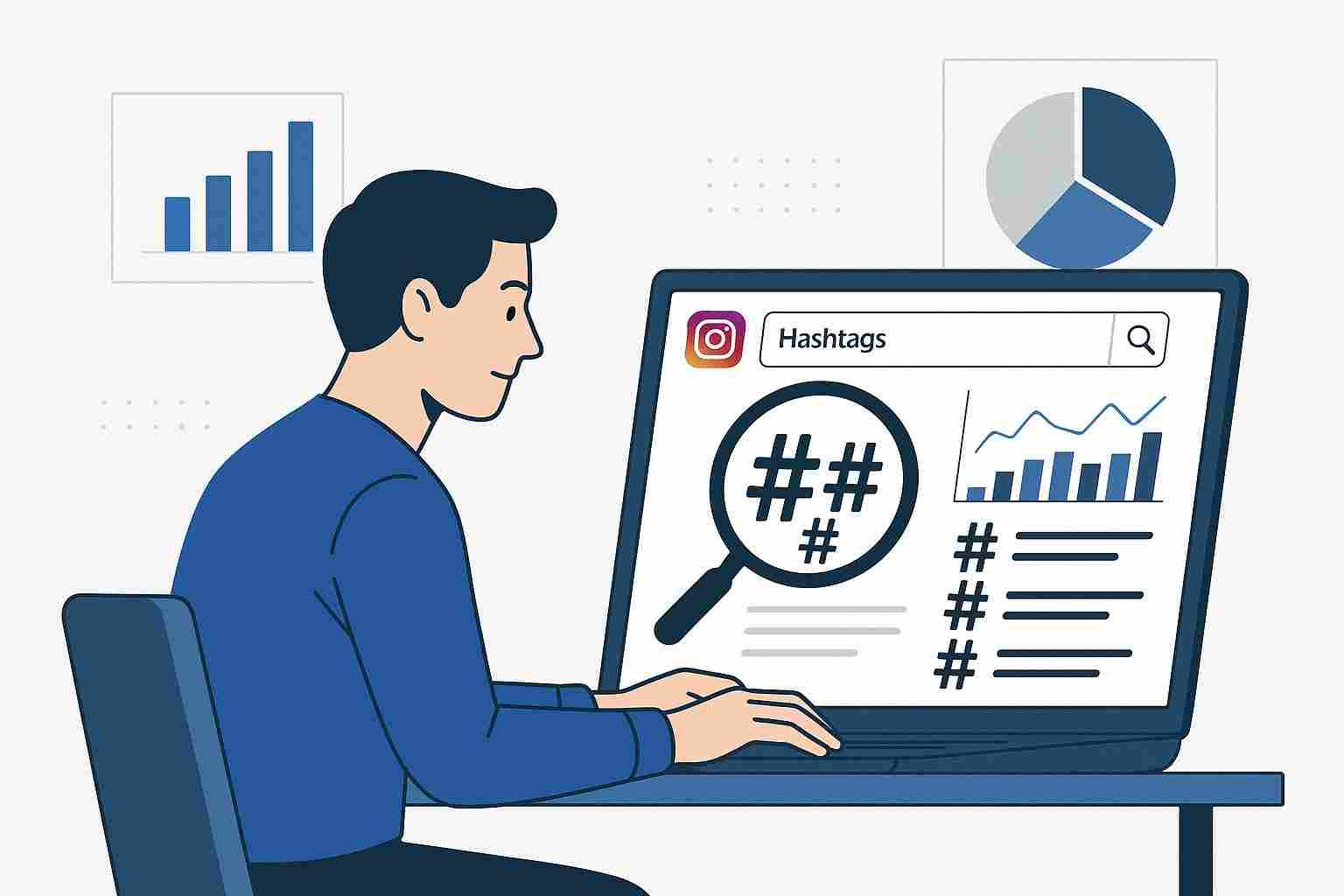Illustration of researching Instagram hashtags using analytics and tools.