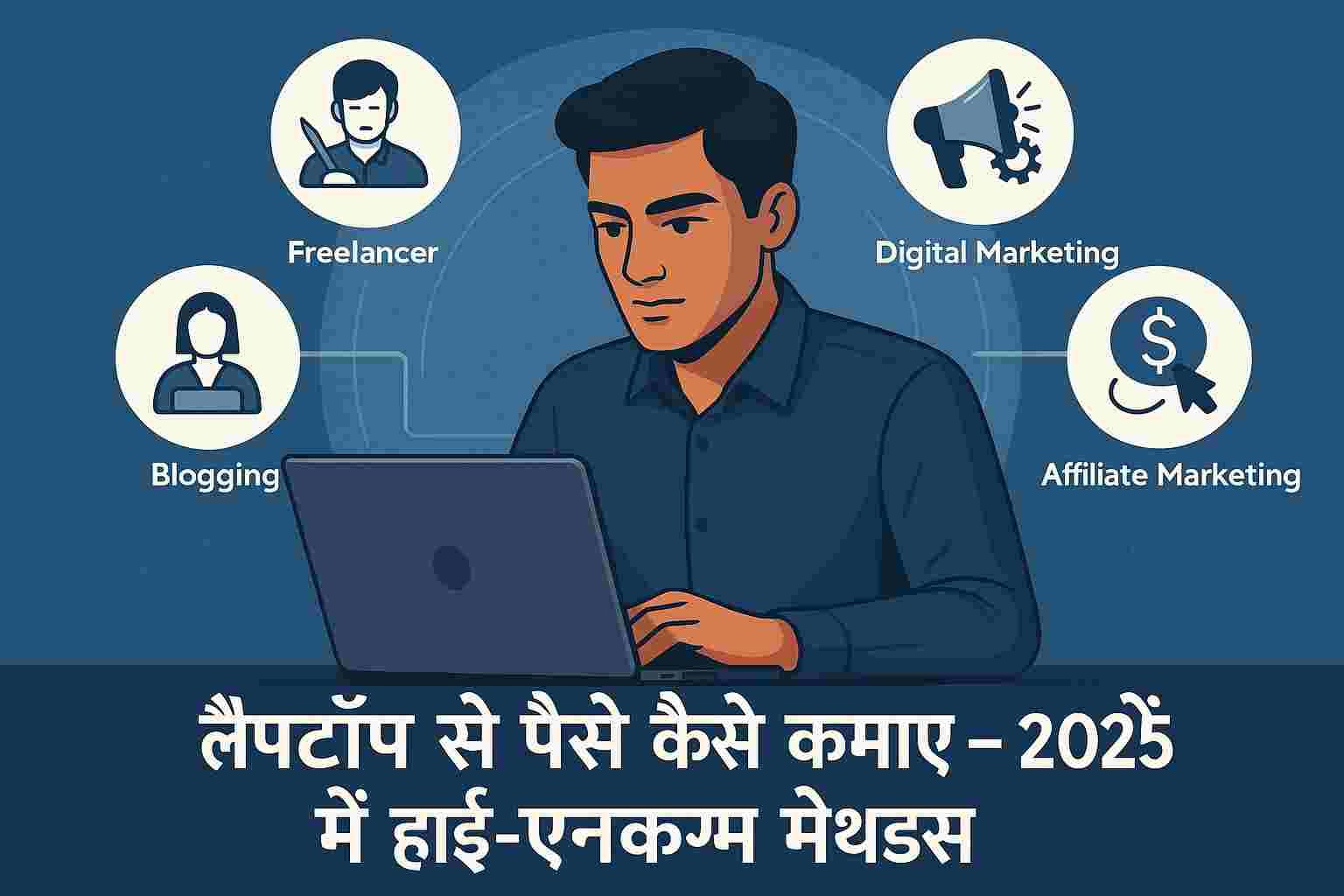  Young Indian professional working on laptop with icons representing freelancing, blogging, and digital marketing around.