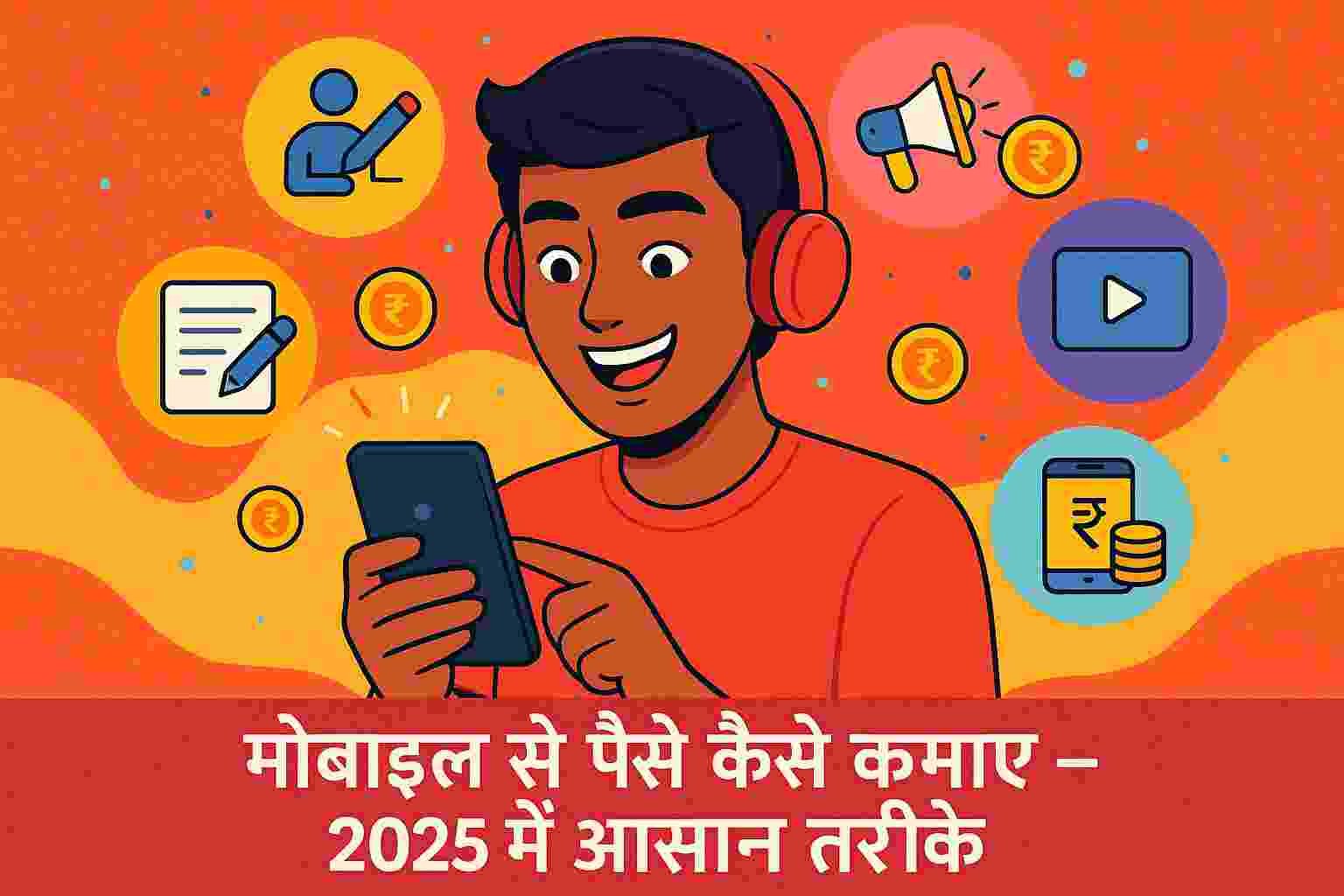 Young Indian using smartphone to earn money online with icons of freelancing, affiliate marketing, and content creation around.