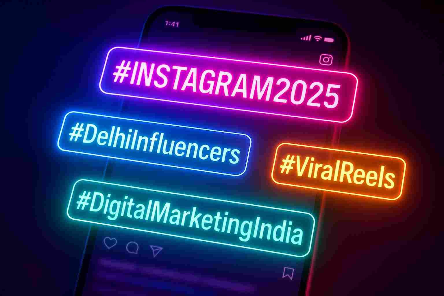 Graphic showing trending Instagram hashtags for 2025 with a smartphone feed.