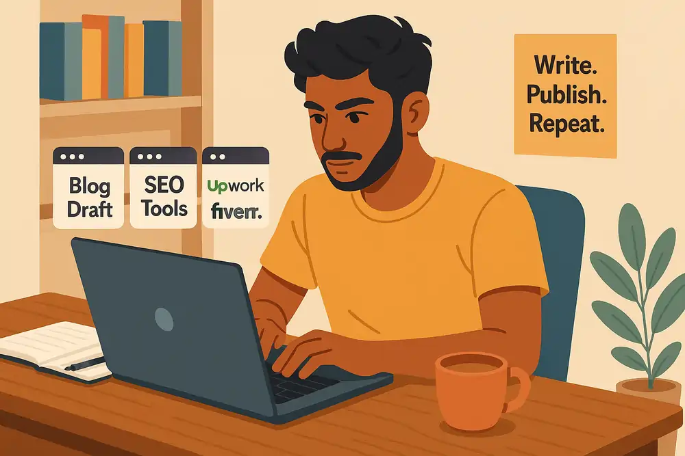 Freelance writing and blogging setup at home — a young Indian freelancer working on a laptop, showcasing one of the small business ideas in India with low investment.