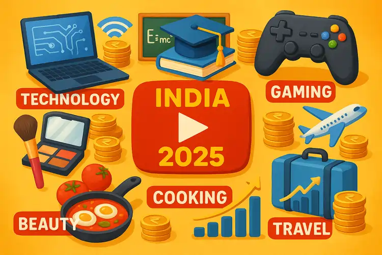 Best YouTube monetization niches in India in 2025 with icons for technology, education, gaming, beauty, cooking, travel, and finance, plus YouTube play button and Indian Rupee coins