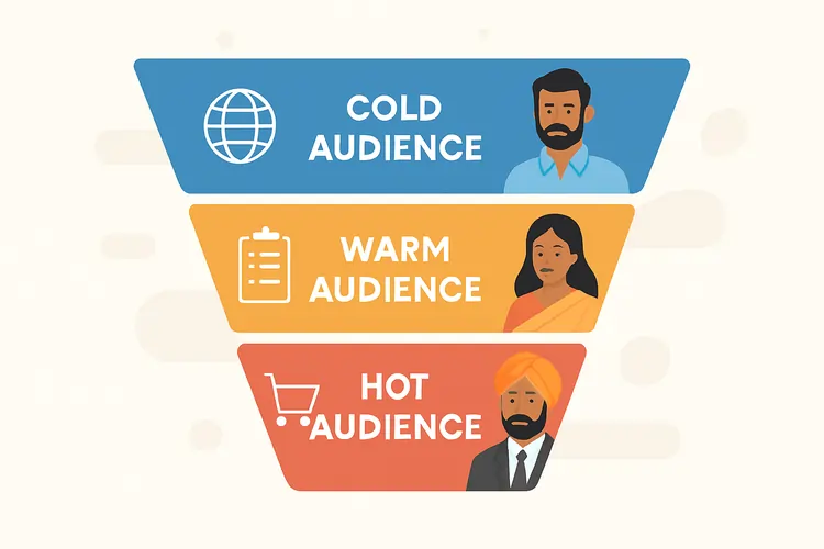 Digital marketing targeting funnel showing Cold, Warm, and Hot audiences for Facebook ads in India with buyer personas