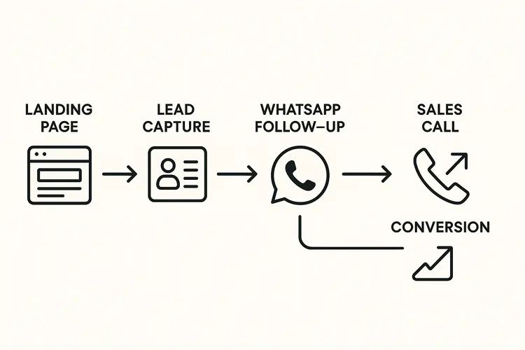 Conversion funnel flowchart for Facebook ads in India showing landing page, lead capture, WhatsApp follow-up, retargeting, and sales call system