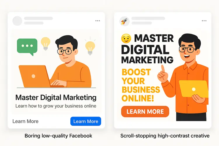 Facebook ad creative comparison showing scroll-stopping ad vs boring ad for digital course marketing in India