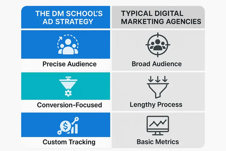 Infographic comparing The DM School’s ad strategy vs typical digital marketing agencies in India with targeting, funnel, and ROI systems