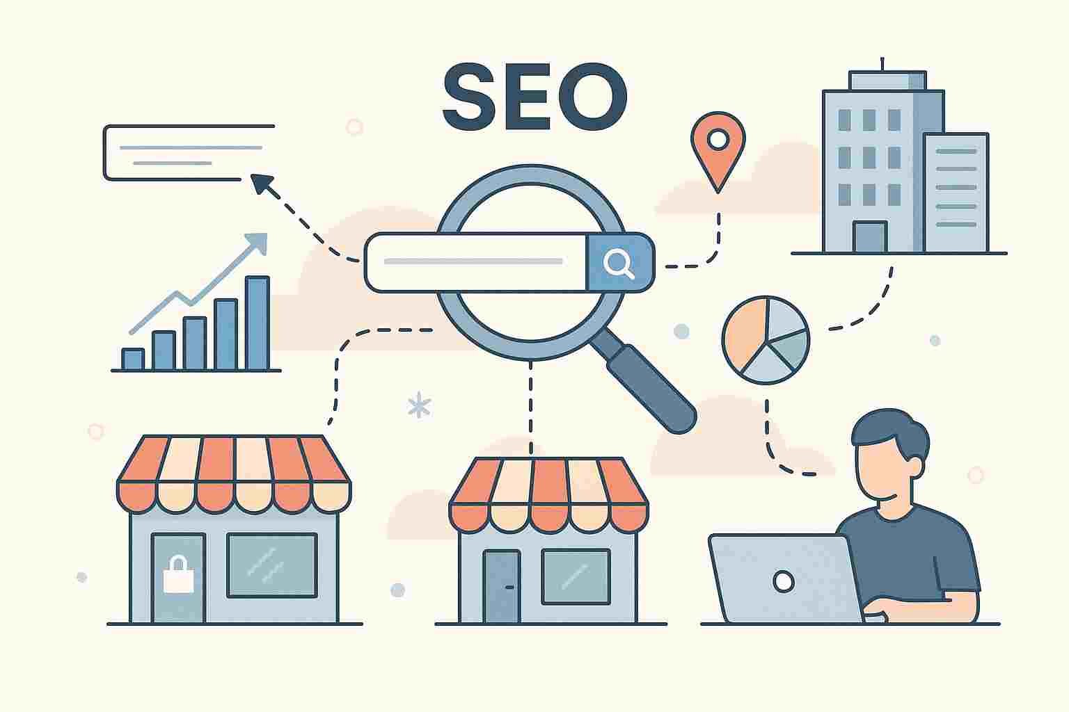 Illustration showing e-commerce, local business, B2B, and online education industries connected through certified Google Partner SEO services.