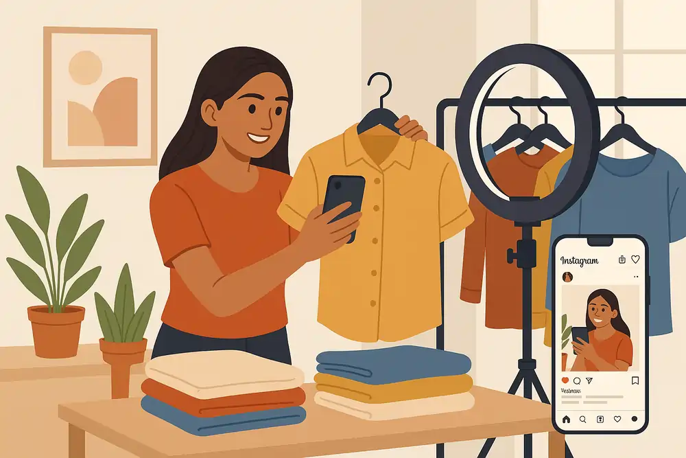Young Indian entrepreneur running an Instagram thrift store from home — showcasing a small business idea in India with low investment using social media.