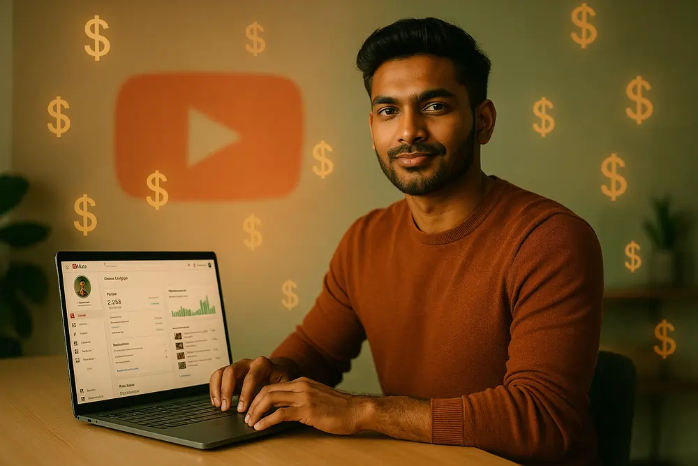Indian content creator making money on YouTube using laptop with growth dashboard