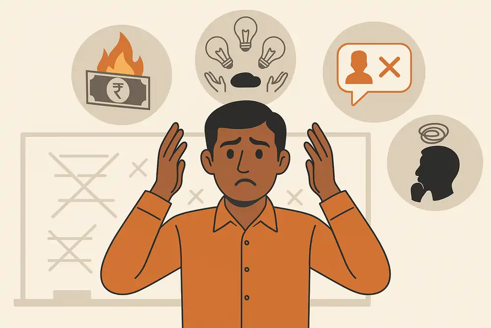 Visual representation of common mistakes Indian entrepreneurs make when starting a small business — highlighting errors to avoid in low-investment business ideas.