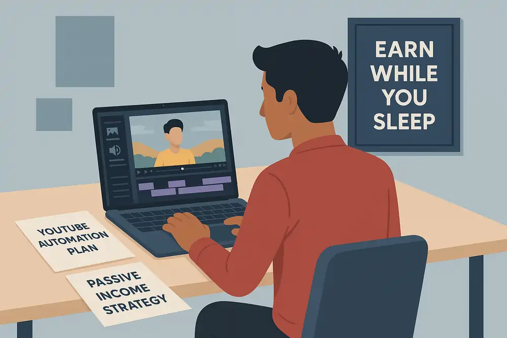 YouTube automation setup with a young Indian freelancer using AI tools to create faceless videos — an emerging small business idea in India with low investment.